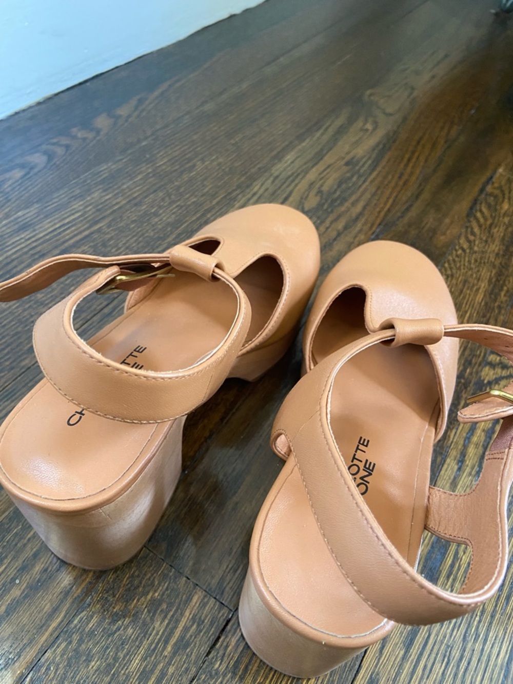 NWOB Charlotte Stone Women's Tan Leather Platform Mary Jane Clog Sandals - Picture 4 of 8